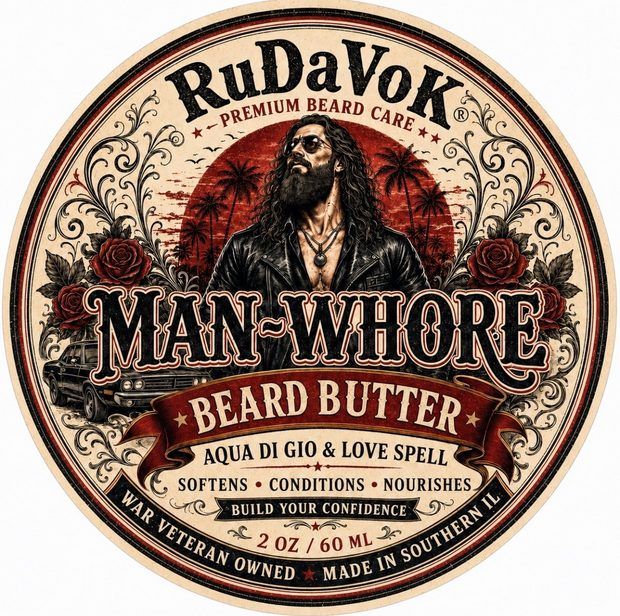 Man-Whore Beard Butter round tin label — bearded man in a leather jacket with roses