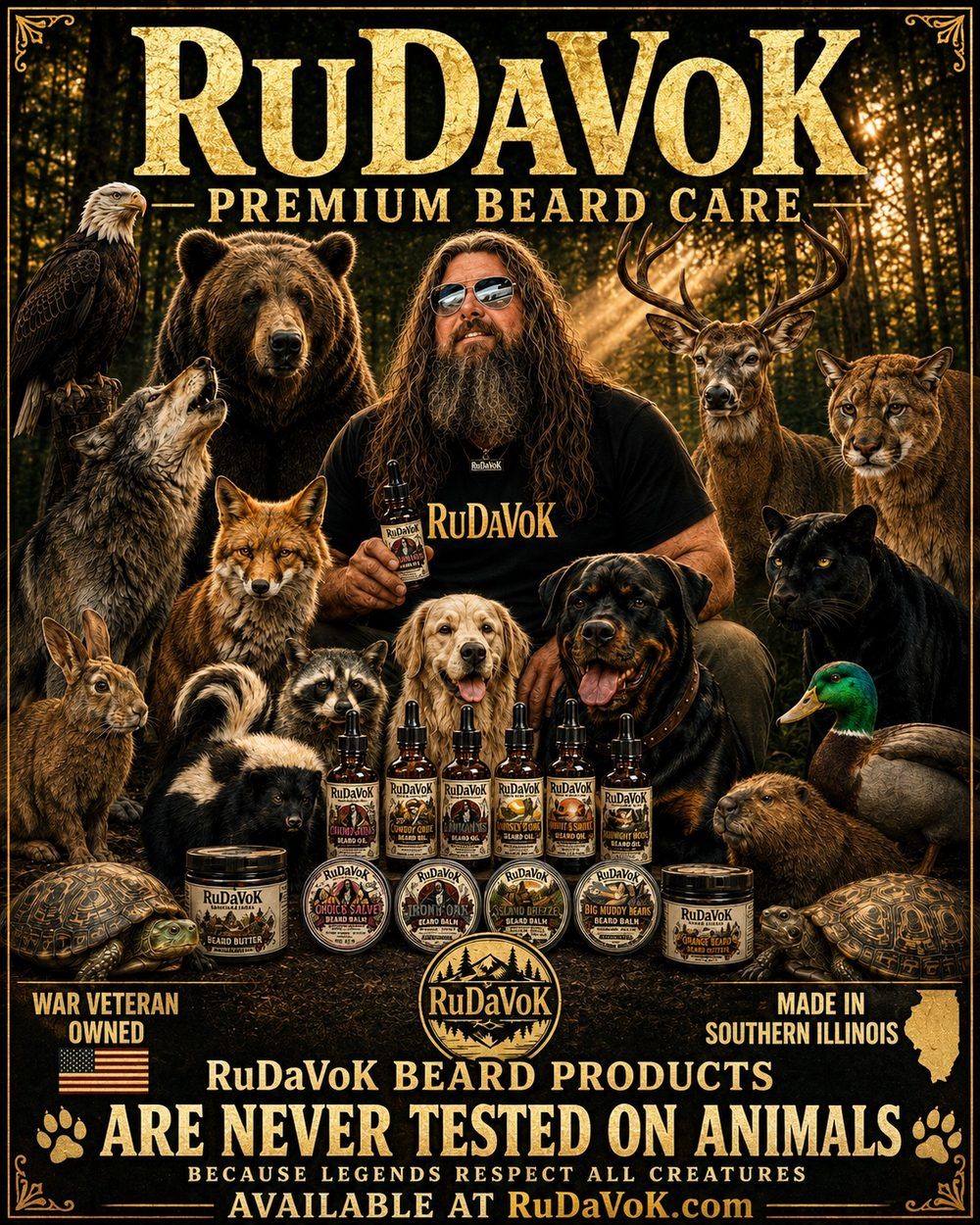 'Never Tested On Animals' poster — RuDaVoK surrounded by wildlife, a golden retriever and a Rottweiler, 'RuDaVoK beard products are never tested on animals'
