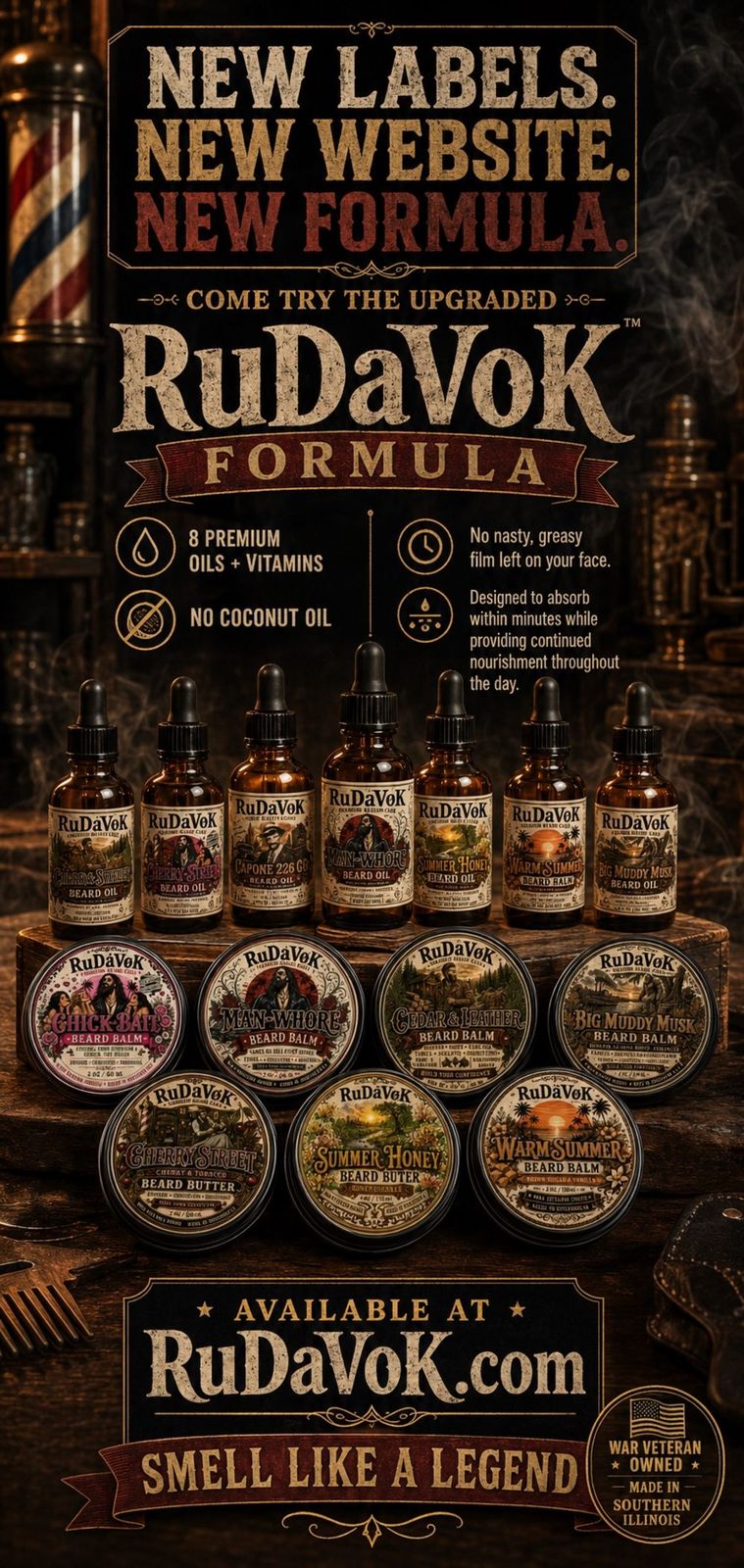 'New Labels. New Website. New Formula.' poster — the RuDaVoK oil bottles and tins lined up on a barber counter, 8 premium oils plus vitamins, no coconut oil