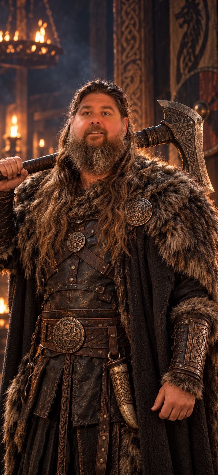 RuDaVoK in Viking warrior dress — fur cloak, leather armor and an axe over his shoulder — in a candlelit great hall