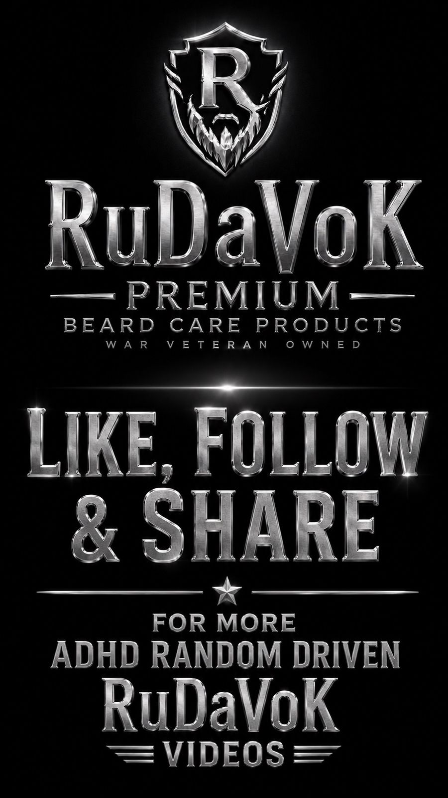 RuDaVoK video end card — the silver logo lockup over 'Like, Follow & Share — for more ADHD Random Driven RuDaVoK Videos'