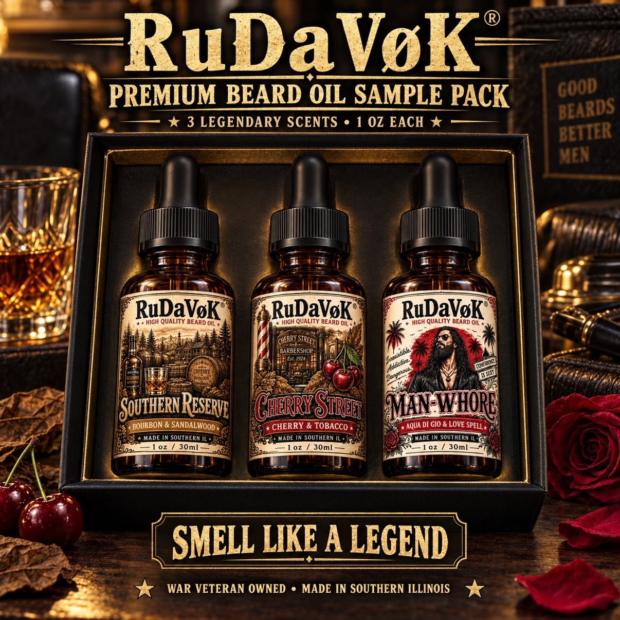 Sample pack poster — three 1oz RuDaVoK beard oil bottles, Southern Reserve, Cherry Street and Man-Whore, in a gift box under 'Smell Like A Legend'