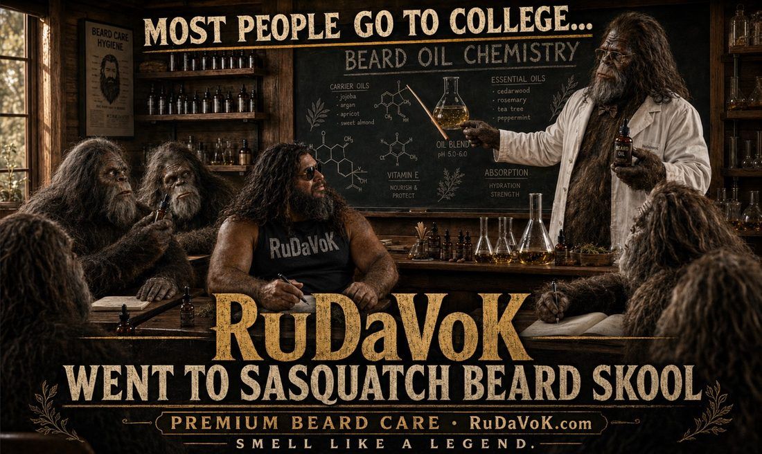 Sasquatch Beard Skool poster — a Sasquatch professor teaching beard oil chemistry to Sasquatch students while RuDaVoK takes notes, 'Most people go to college… RuDaVoK went to Sasquatch Beard Skool'
