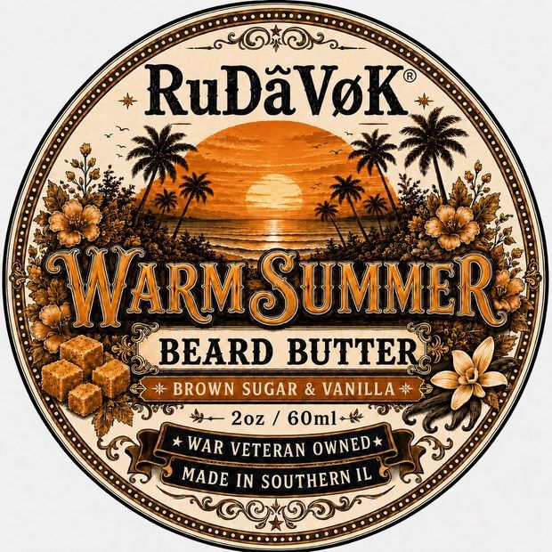 Warm Summer Beard Butter round tin label — beach sunset with palm trees