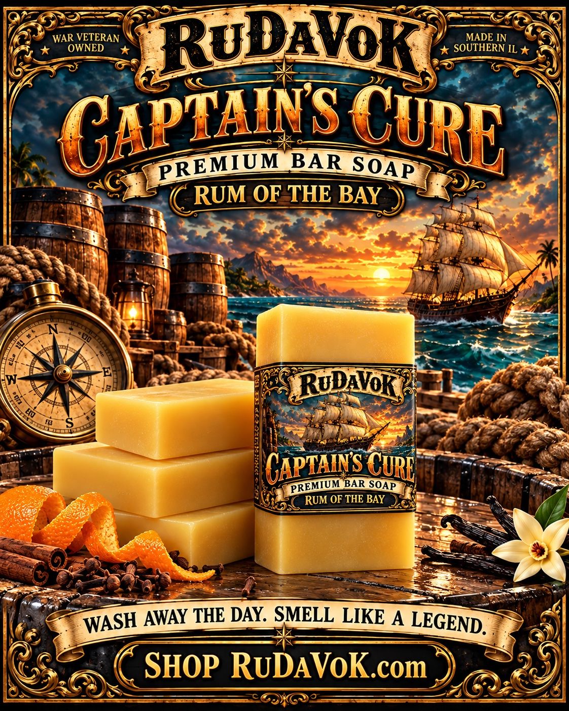 Captain's Cure poster — RuDaVoK premium bar soap, 'Rum of the Bay', with a tall ship, barrels and compass at sunset