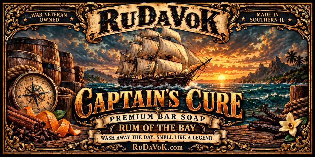 Captain's Cure wide banner — RuDaVoK Premium Bar Soap with a tall ship, barrels and golden light