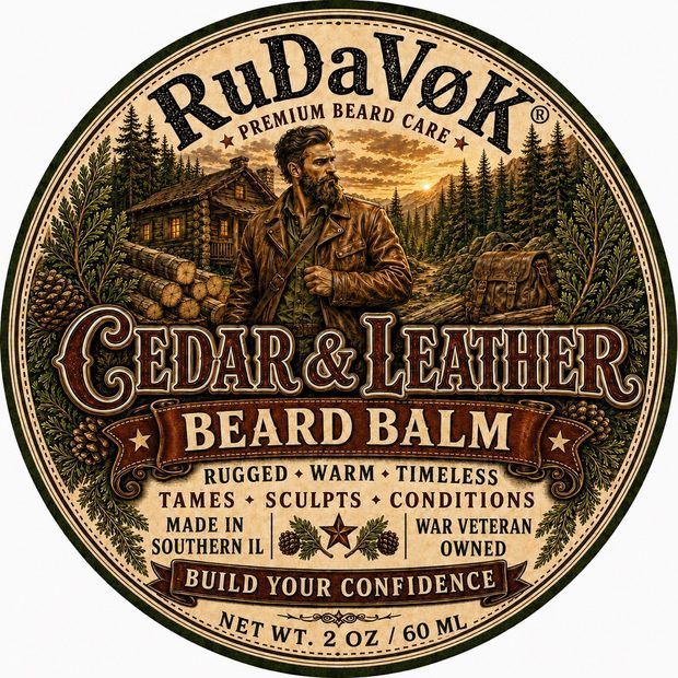 Cedar and Leather Beard Balm round tin label — log cabin in the pine woods