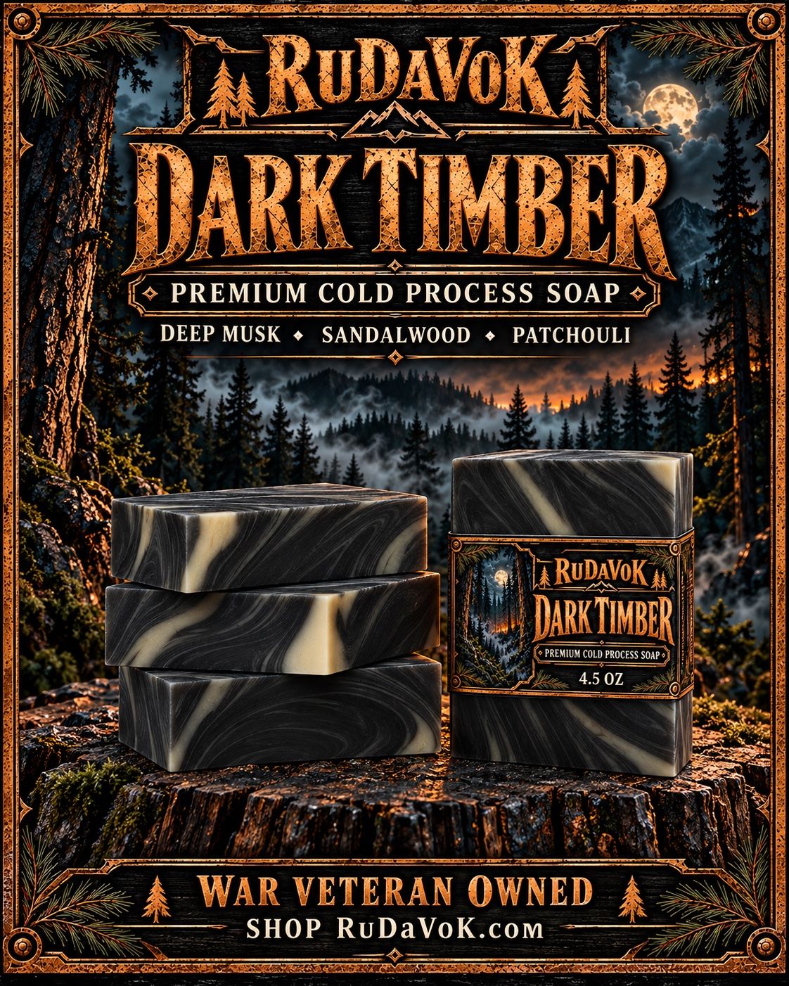 Dark Timber poster — marbled black cold-process soap bars on a tree stump under a full moon in the pine woods