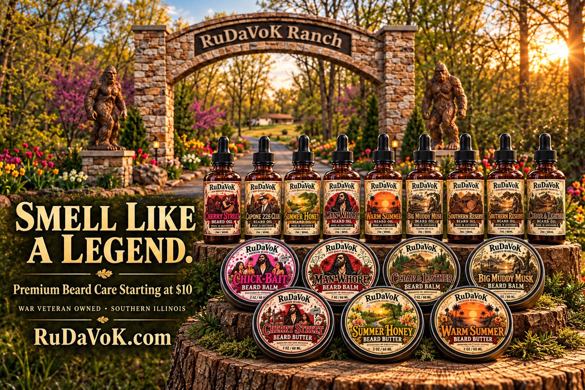 Smell Like A Legend banner — the stone RuDaVoK Ranch gate with Sasquatch statues standing guard, and the full RuDaVoK lineup on a tree stump: nine beard oil bottles (Cherry Street, Capone 226 Club, Summer Honey, Man-Whore, Warm Summer, Big Muddy Musk, Southern Reserve, Cedar & Leather), beard balm tins and beard butter tins. Premium Beard Care Starting at $10 — War Veteran Owned — Southern Illinois — RuDaVoK.com