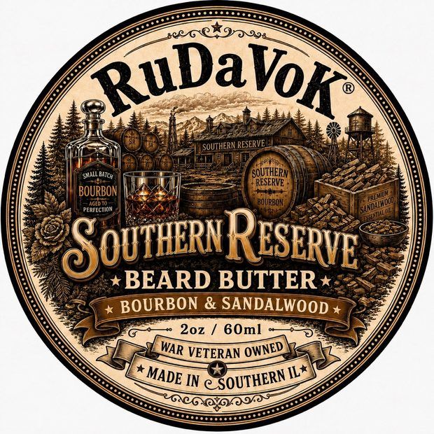 Southern Reserve Beard Butter round tin label — bourbon barrel and ranch scene
