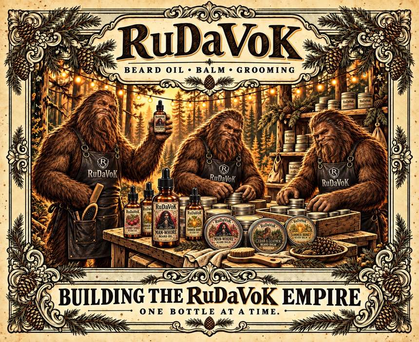 'Building the RuDaVoK Empire — One Bottle at a Time' poster — three Sasquatch crew members in RuDaVoK aprons working the bottling bench in the pines at dusk, capping tins and holding up a finished bottle of Man-Whore beard oil