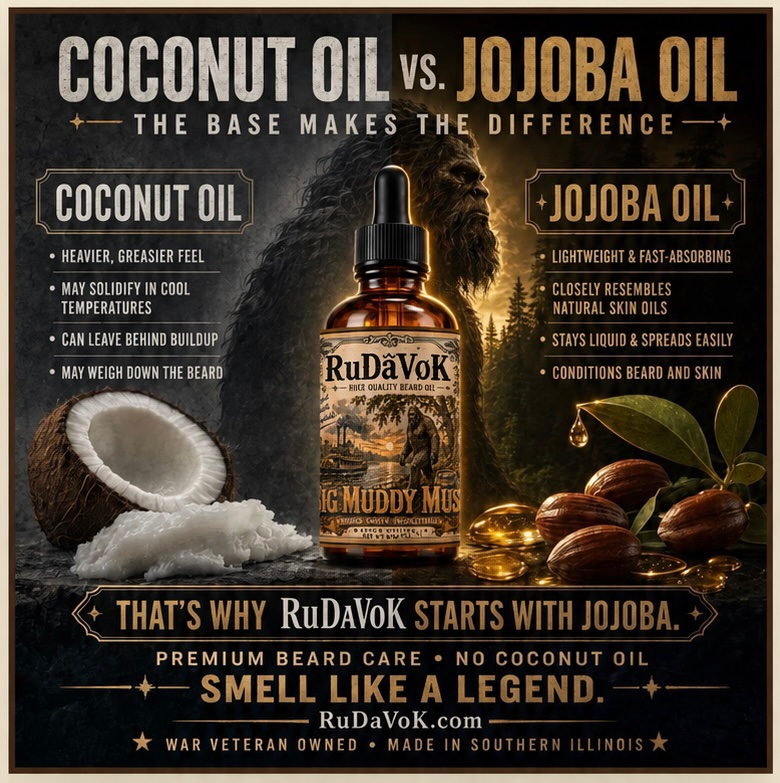 Coconut Oil vs. Jojoba Oil poster — 'The Base Makes The Difference': coconut oil is heavier and greasier, may solidify, builds up and weighs the beard down; jojoba is lightweight, fast-absorbing, resembles natural skin oils and stays liquid. 'That's Why RuDaVoK Starts With Jojoba.'
