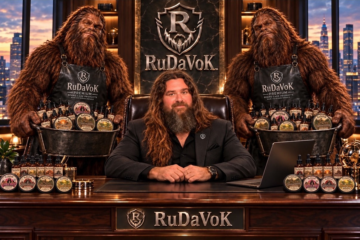 RuDaVoK seated at the RuDaVoK headquarters desk in a suit, flanked by two Sasquatches in RuDaVoK aprons holding tubs of RuDaVoK beard oils, balms and butters, with more products lined up on the desk and the silver RuDaVoK shield on the wall behind him
