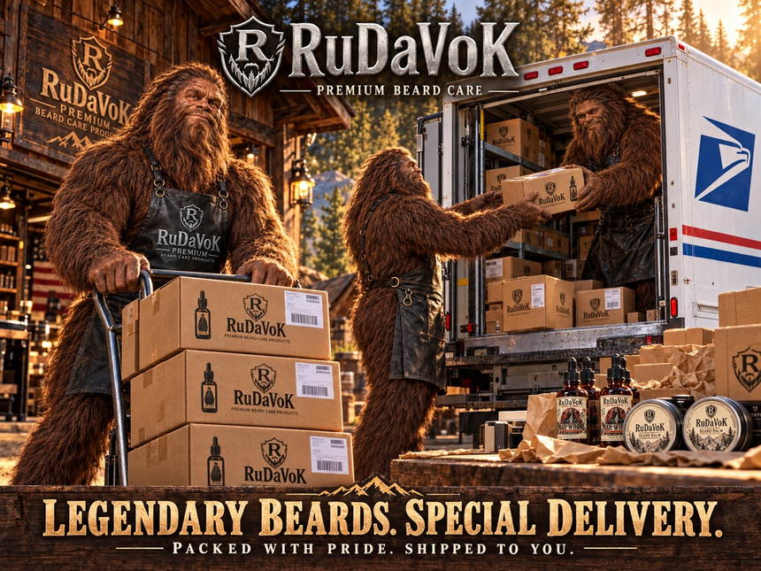 Three Sasquatch crew members in RuDaVoK aprons loading branded RuDaVoK shipping boxes into a USPS mail truck outside the Ranch workshop, under the RuDaVoK lockup — 'Legendary Beards. Special Delivery. Packed with pride. Shipped to you.'