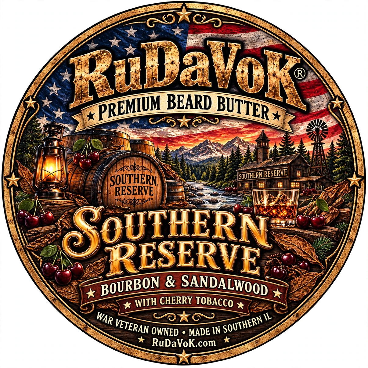 Southern Reserve with Cherry Tobacco Beard Butter round tin label — the American flag label with a bourbon barrel, ranch scene, cherries and tobacco leaves