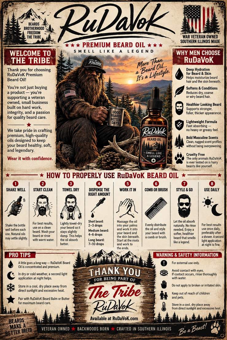 'Welcome to the Tribe' Premium Beard Oil card — a Sasquatch crew member with a mug of coffee at sunset beside a bottle of RuDaVoK beard oil, over 'Why Men Choose RuDaVoK' and the 8-step 'How To Properly Use RuDaVoK Beard Oil' guide with pro tips and safety notes
