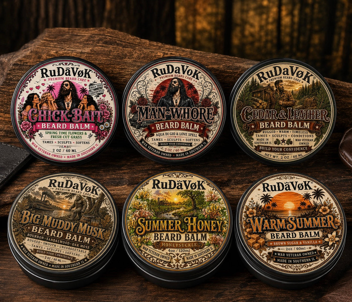 RuDaVok Premium Beard Balms collection featuring six varieties