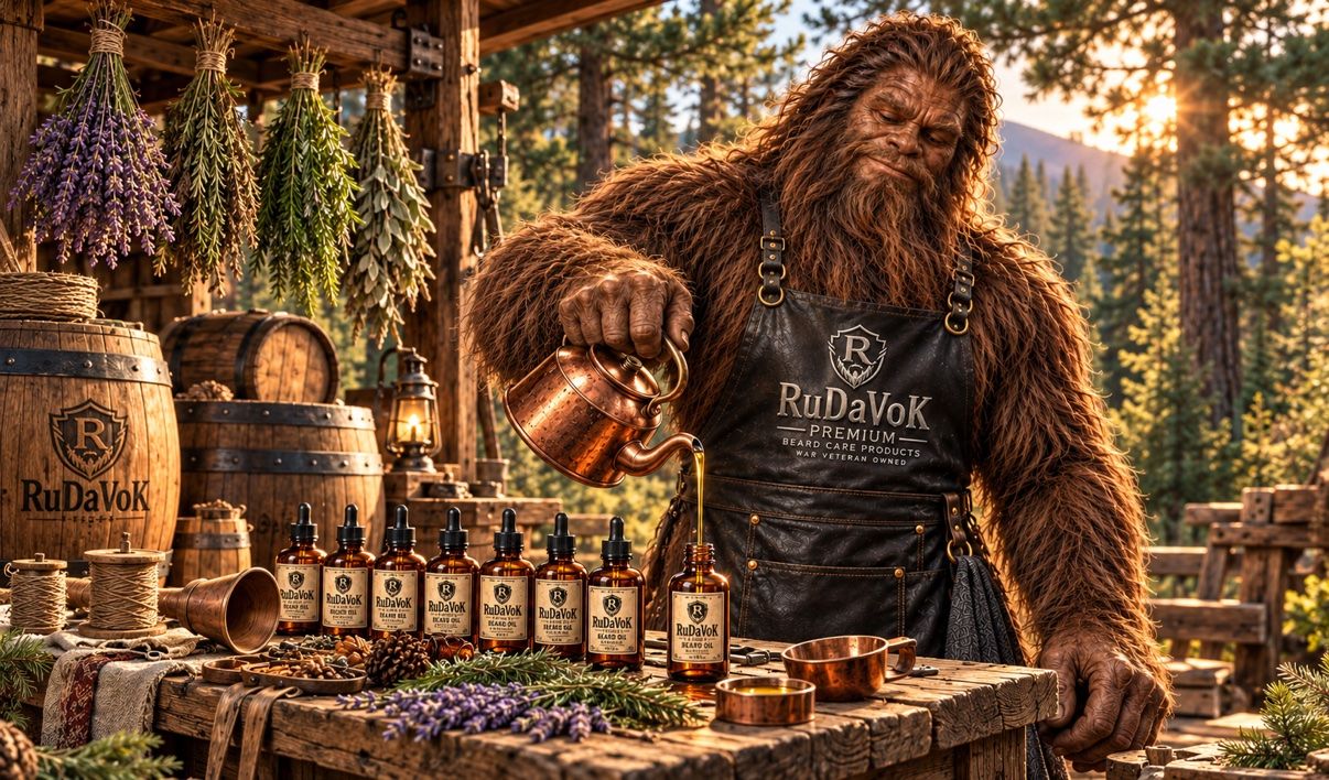 A Sasquatch in a black leather RuDaVoK apron pouring beard oil from a copper kettle into an amber bottle at the outdoor ranch workbench, with RuDaVoK-branded barrels and hanging herbs behind him