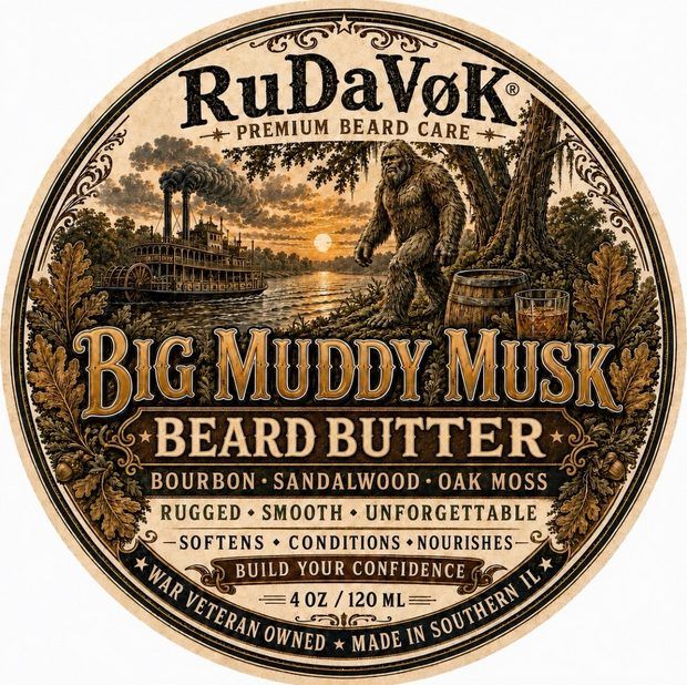 Big Muddy Musk Beard Butter round tin label — riverboat and Sasquatch on the Big Muddy River