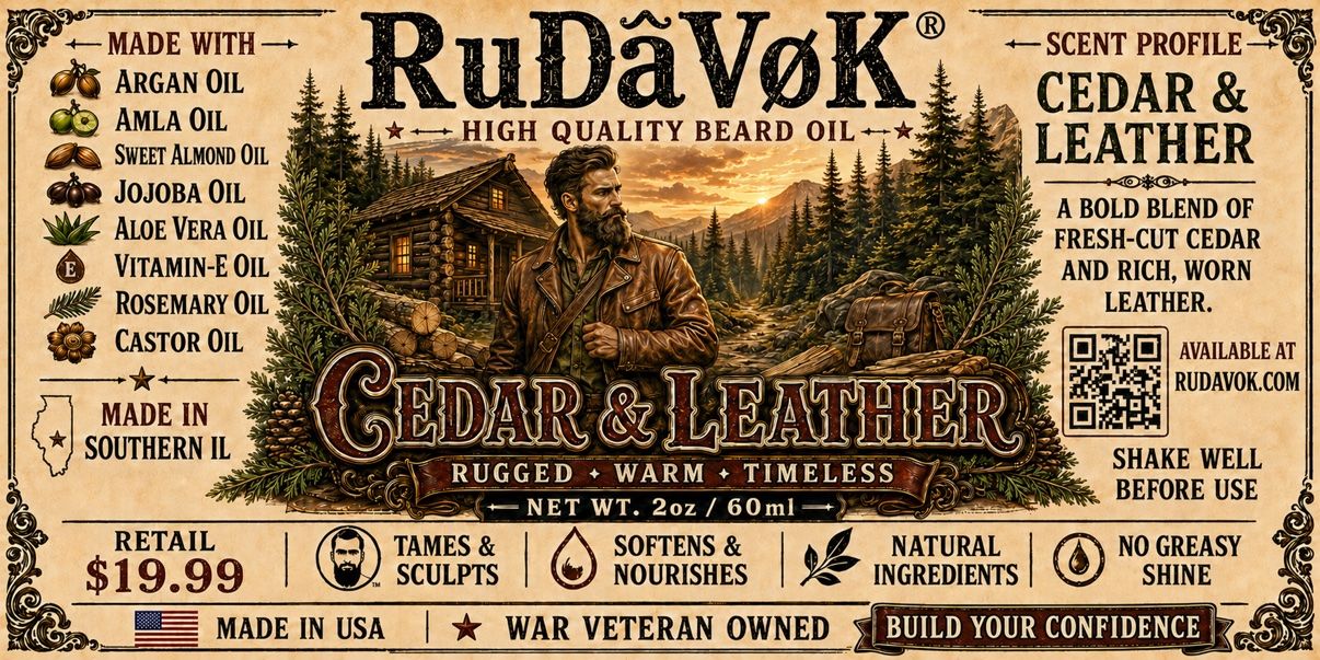 Cedar and Leather beard oil label — a bearded man in a leather jacket outside a log cabin in the pine woods