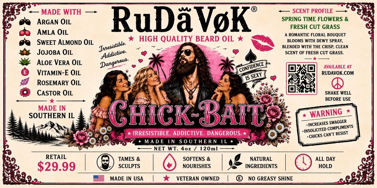 Chick-Bait beard oil label — a long-haired bearded man with admirers among spring flowers and palm trees, bright pink artwork