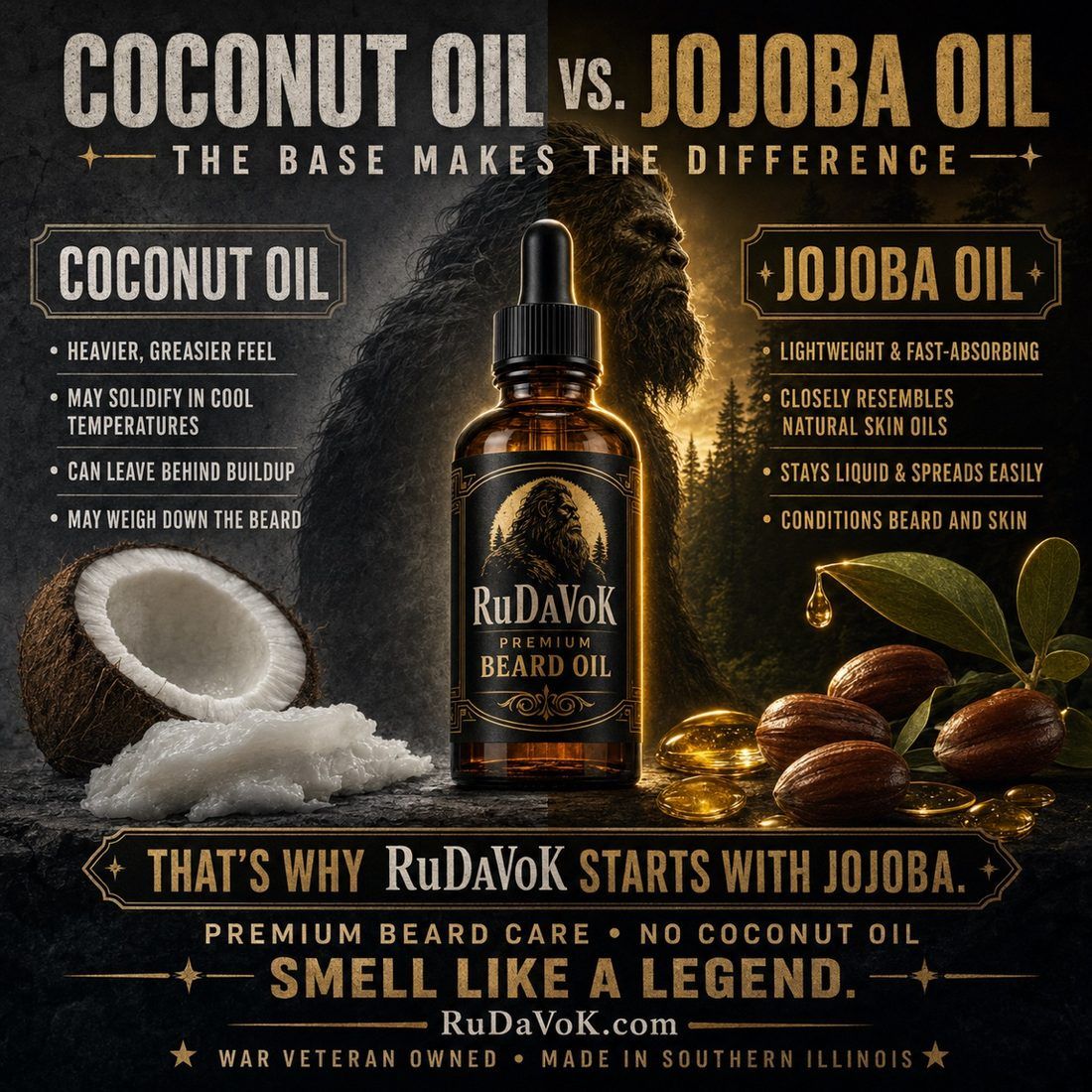 Coconut Oil vs. Jojoba Oil poster — 'The Base Makes The Difference'