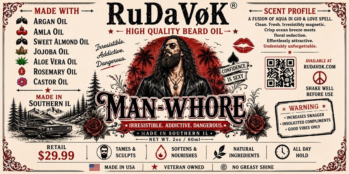 Man-Whore beard oil label — a bearded man in a leather jacket against a red sunset with roses and a classic car