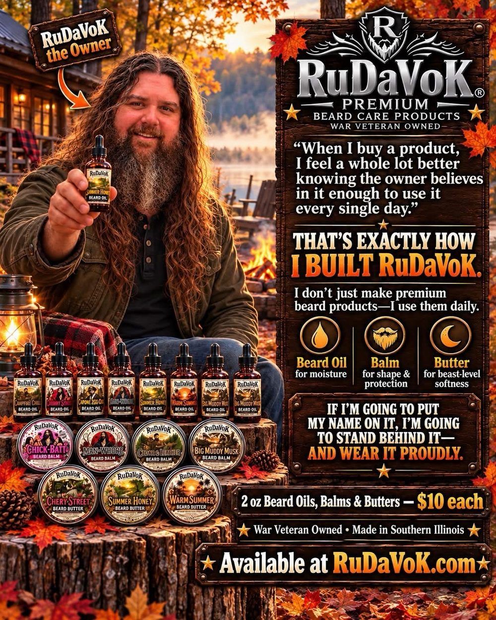 Owner poster — RuDaVoK at a cabin campfire holding a bottle of Summer Honey beard oil, the full lineup on the table
