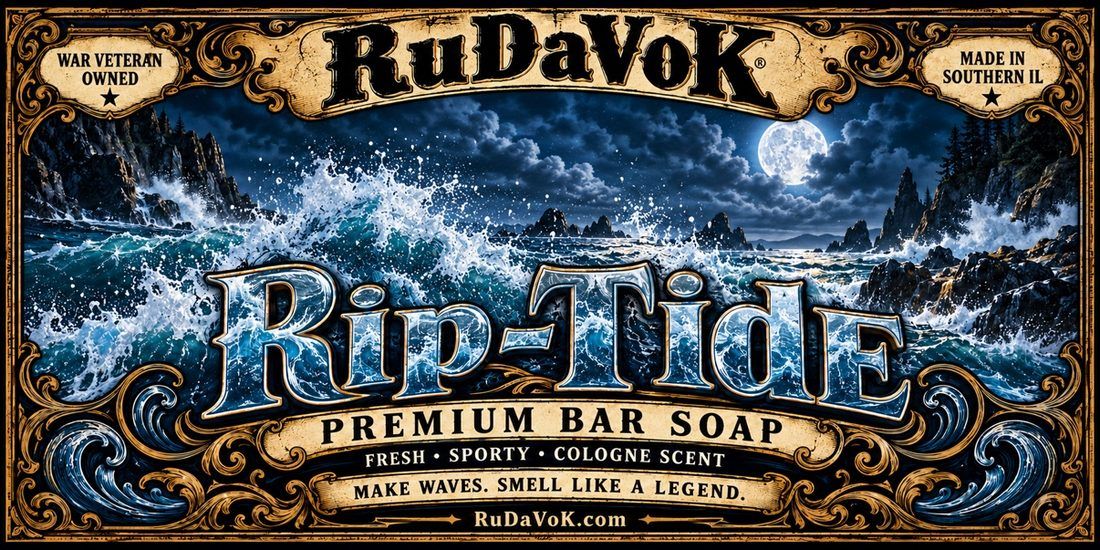 Rip-Tide poster — a moonlit ocean wave under the RuDaVoK sign, Rip-Tide premium bar soap, fresh, sporty, cologne scent