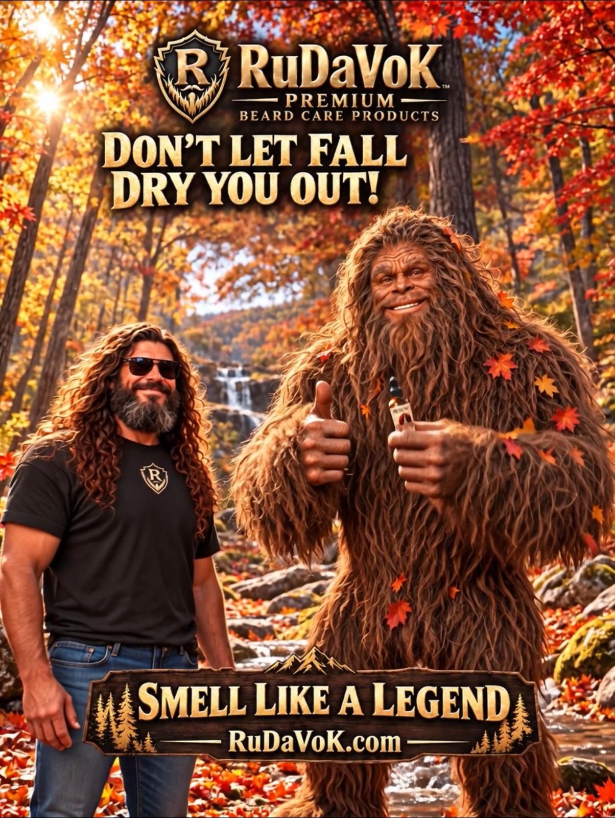 RuDaVoK and a smiling Sasquatch holding a bottle of beard oil in fall woods with a waterfall — 'Don't Let Fall Dry You Out! Smell Like A Legend'