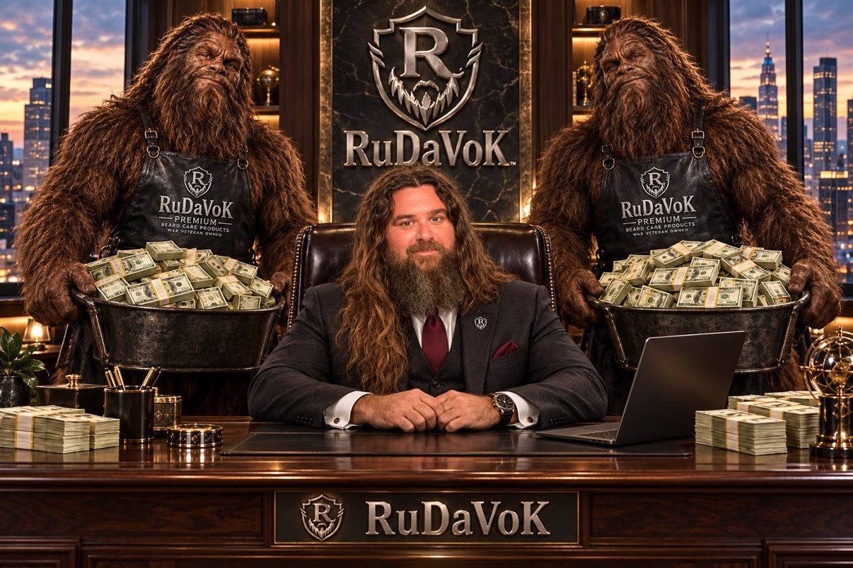 RuDaVoK seated at the RuDaVoK headquarters desk in a suit, flanked by two Sasquatches in RuDaVoK aprons, with the silver RuDaVoK shield on the wall behind him