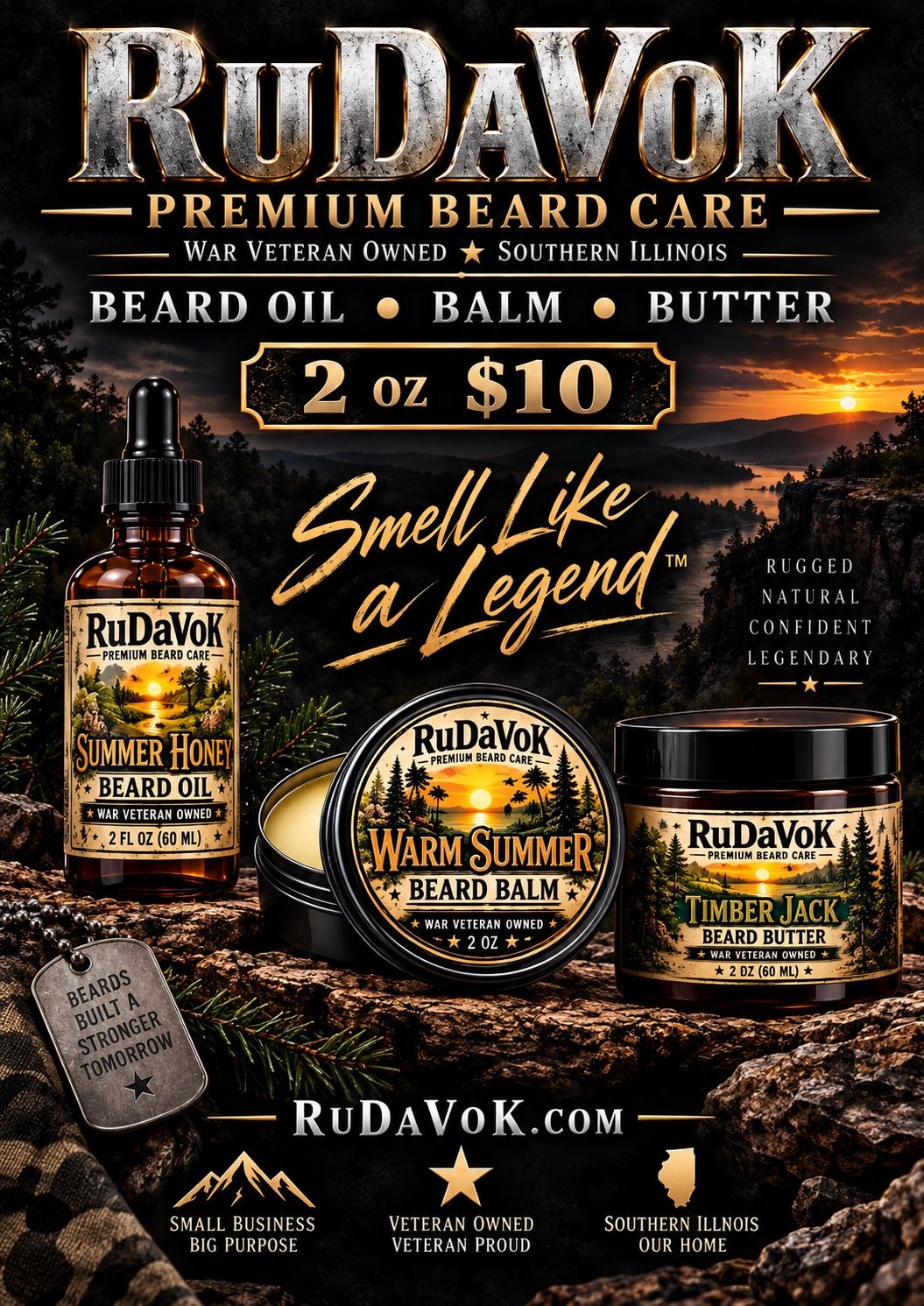 RuDaVoK vertical poster — Summer Honey beard oil, Warm Summer beard balm and Timber Jack beard butter at sunset, '2oz $10 — Smell Like A Legend', Small Business Big Purpose