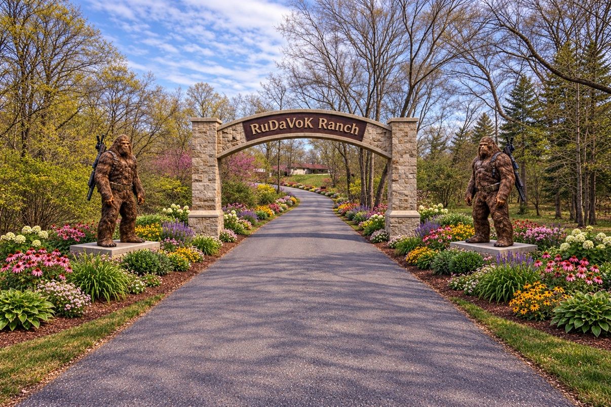 Spring at the RuDaVoK Ranch entrance — a stone arch with the RuDaVoK Ranch sign over a paved drive lined with flower beds, two Sasquatch statues standing guard, and the cabin up the drive under a bright sky