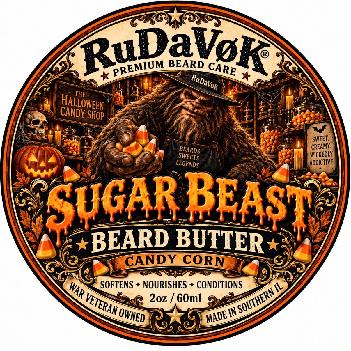 Sugar Beast Beard Butter round label — a Sasquatch in a RuDaVoK hat holding candy corn in a Halloween candy shop