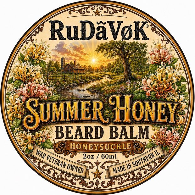 Summer Honey Beard Balm round tin label — farm and creek at sunset with honeysuckle