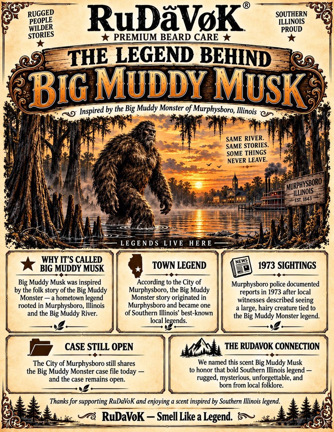 'The Legend Behind Big Muddy Musk' poster — a Sasquatch wading in the Big Muddy River at sunset near Murphysboro, Illinois, with the legend's story panels