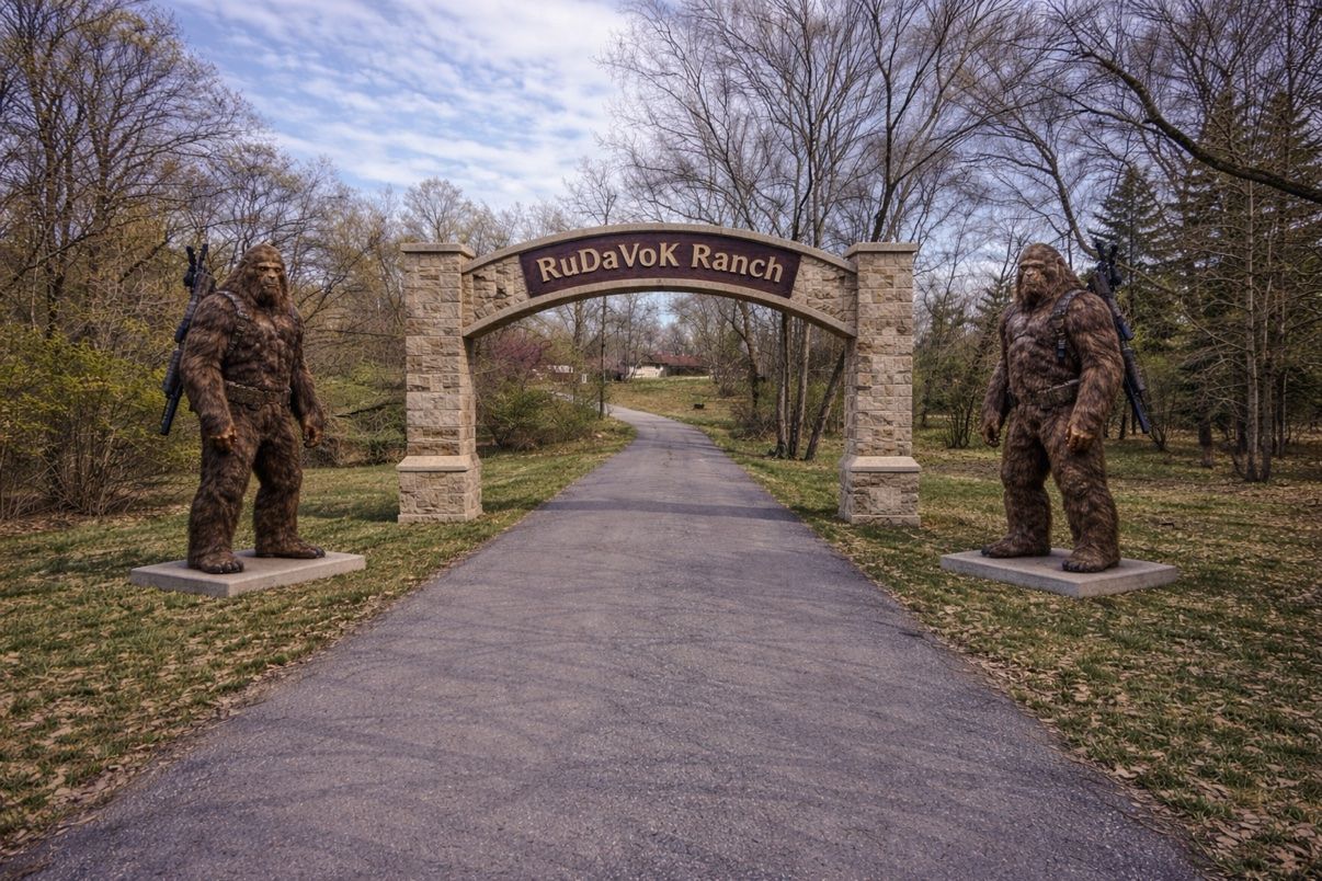 The original stone arch entrance to RuDaVoK Ranch, flanked by two Sasquatch guardians, with a wooded drive leading into the ranch