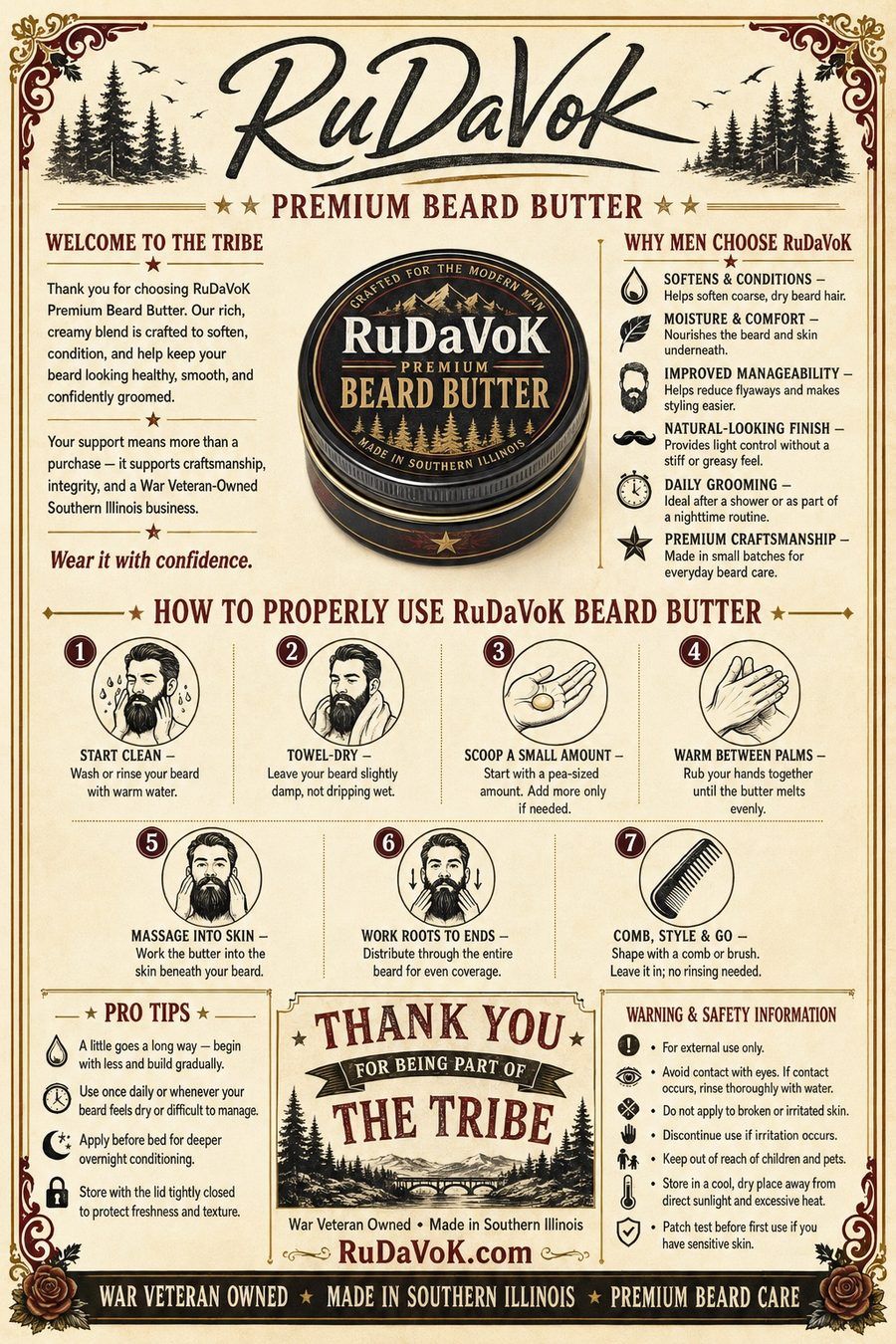'Welcome to the Tribe' Premium Beard Butter card — the 7-step butter guide with pro tips