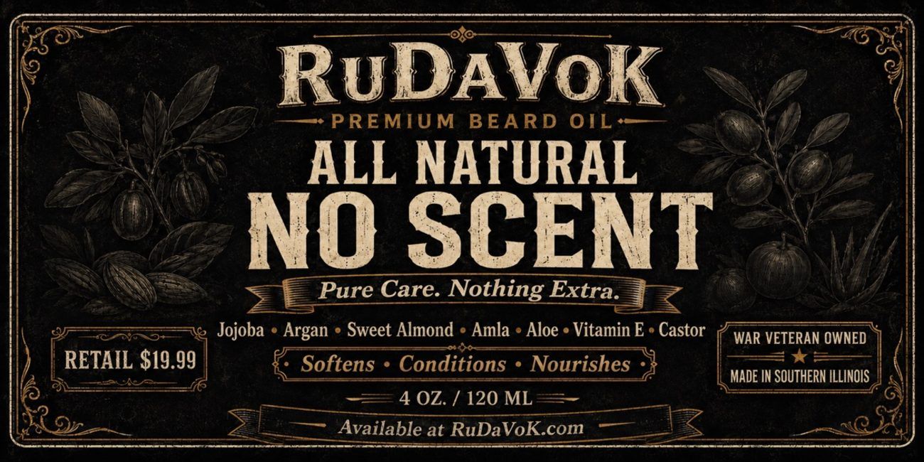 All Natural No Scent banner — 'Pure Care. Nothing Extra.', RuDaVoK beard oil with jojoba, argan, sweet almond, amla, aloe, vitamin E and castor