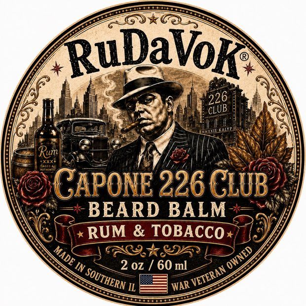 Capone 226 Club Beard Balm round tin label — 1920s gangster in front of the 226 Club