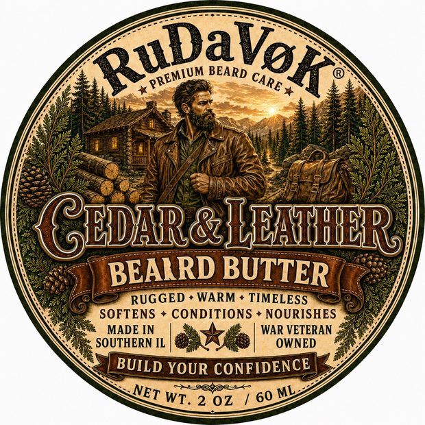 Cedar and Leather Beard Butter round tin label — log cabin in the pine woods