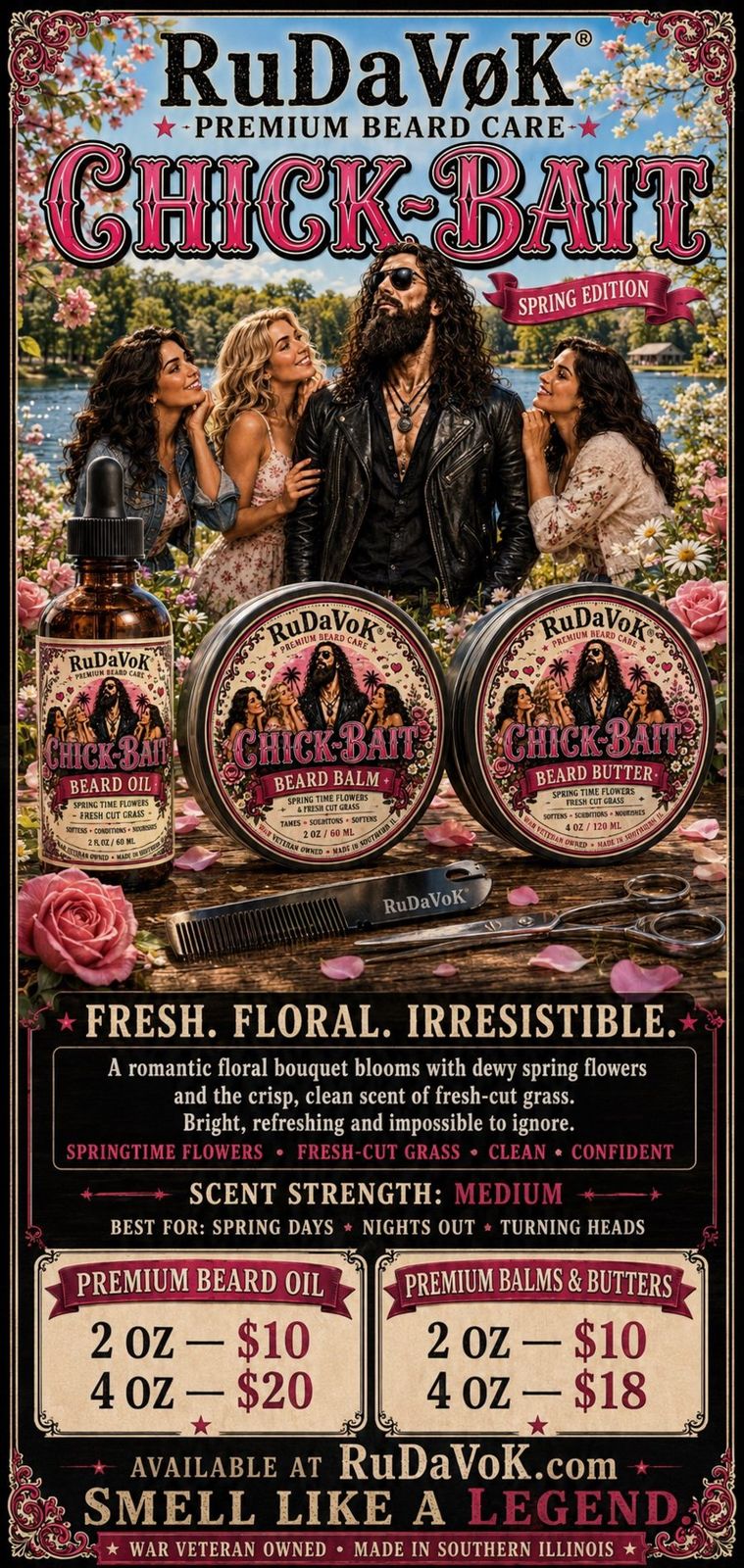 Chick-Bait Spring Edition scent poster — springtime flowers and fresh-cut grass, medium strength, best for spring days and nights out, with the RuDaVoK price box