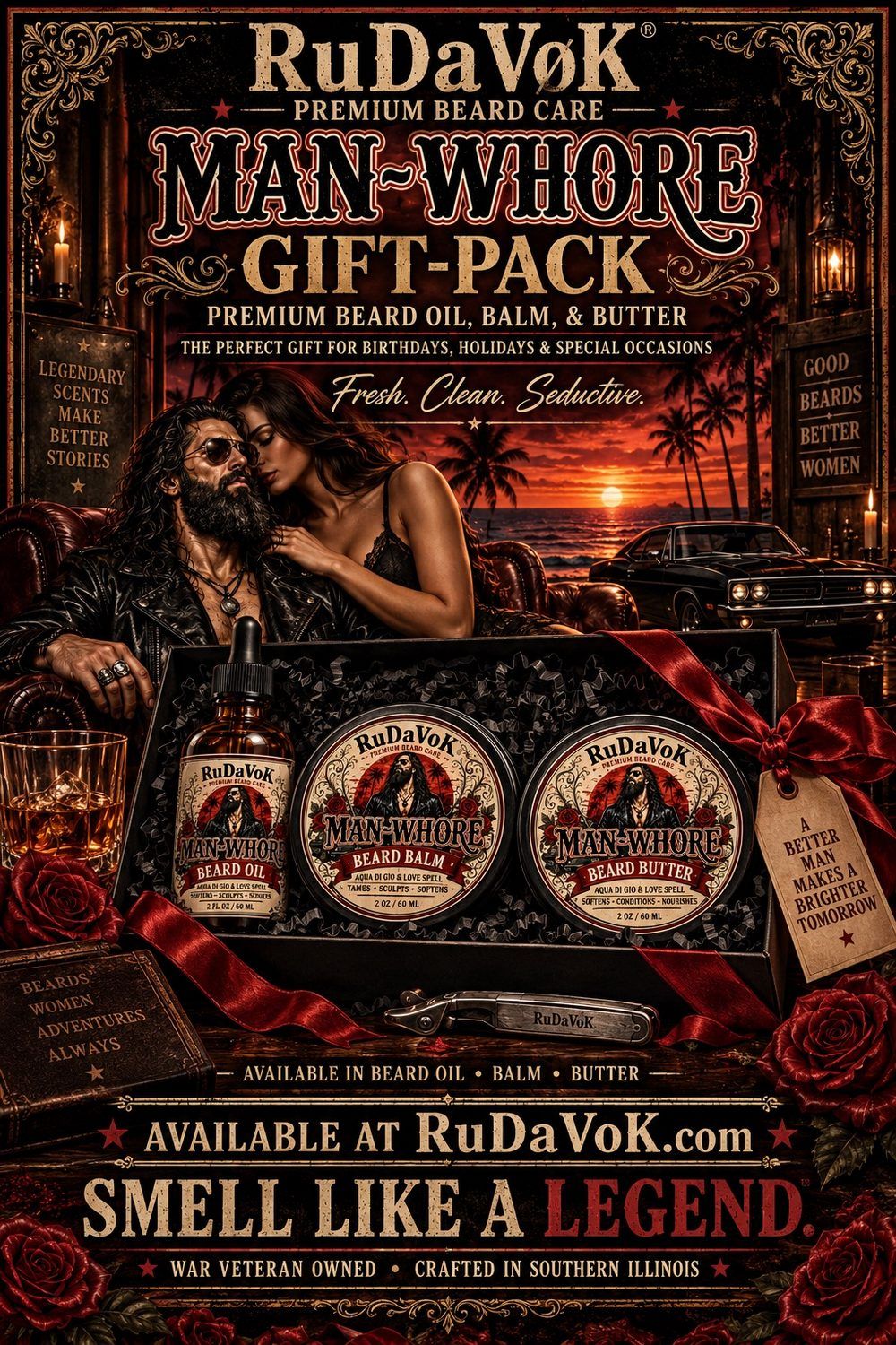 Man-Whore gift pack poster — a RuDaVoK gift box with beard oil, balm and butter in a candlelit vintage scene