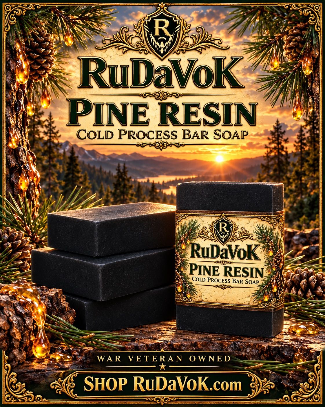 Pine Resin poster — black cold-process soap bars with pine cones and dripping resin at sunset