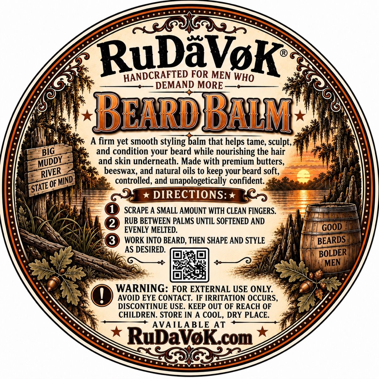 RuDaVoK Beard Balm round tin label — Big Muddy River sunset scene with directions