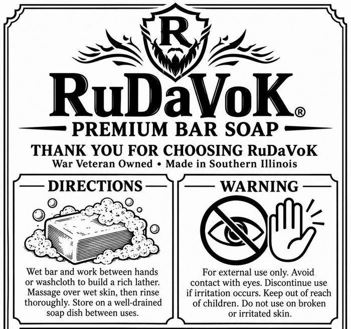 RuDaVoK Premium Bar Soap back label — shield logo with directions and warning panels