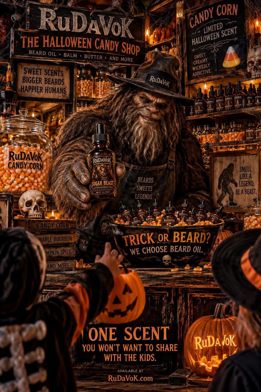 RuDaVoK's Halloween Candy Shop poster — a Sasquatch shopkeeper handing a bottle of Sugar Beast beard oil across a counter of candy corn jars