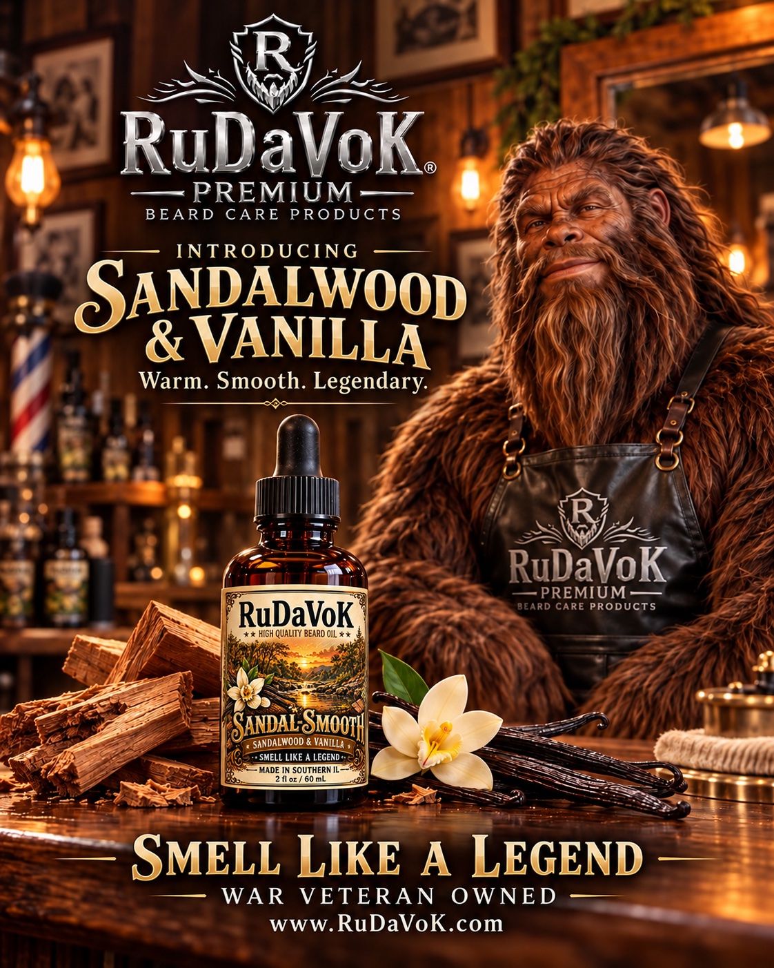Sandal Smooth poster — a bottle of Sandal Smooth sandalwood and vanilla beard oil on a barber counter with an aproned Sasquatch behind it