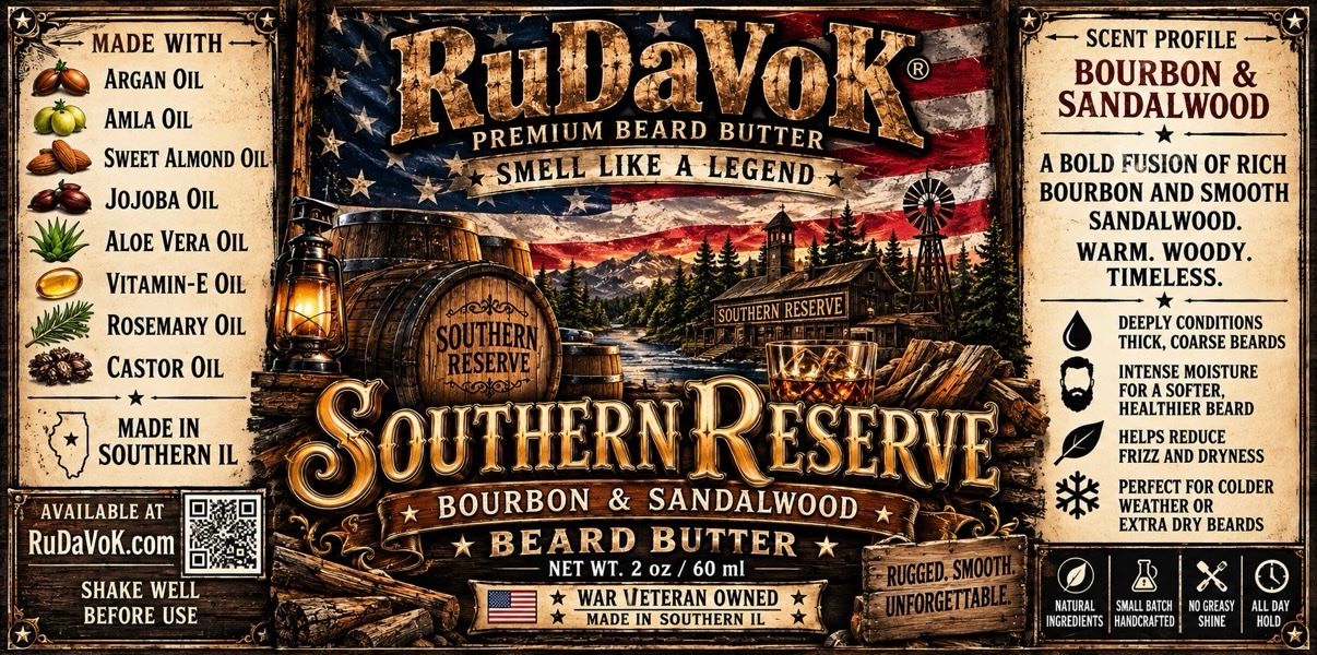 Southern Reserve label — a bourbon barrel and cabin scene under an American flag, Southern Reserve bourbon and sandalwood artwork