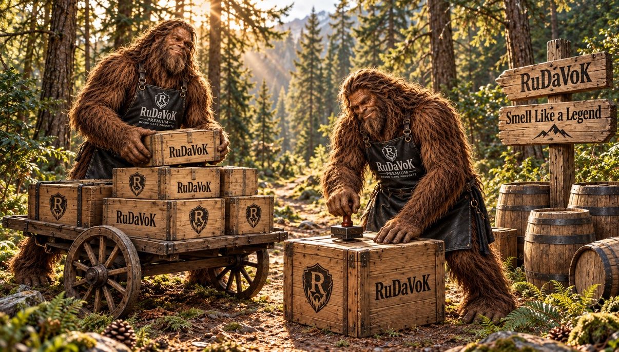 Two Sasquatch crew members in black leather RuDaVoK aprons packing and stamping wooden RuDaVoK crates on a hand cart in the woods, beside a wooden signpost reading 'RuDaVoK — Smell Like a Legend'